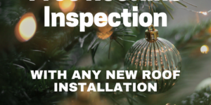 Promotion ad for "Free Roofline Inspection with any new roof installation" over a blurred Christmas tree background.