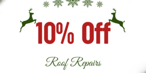 Christmas-themed advertisement with "10% off Roof Repairs" text, pine branches, and decorative ornaments on edges.