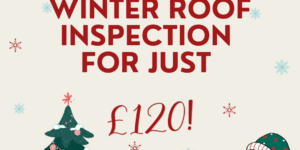 Ad for winter roof inspection at £120 with Christmas tree, gifts, and a snowman graphic.