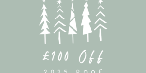 Promotional graphic with trees and text "£100 Off 2025 Roof Replacements".