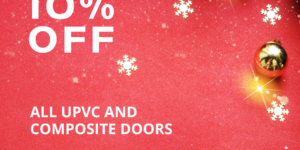 Holiday sale advertisement with 10% off on UPVC and composite doors, snowflakes, and festive decor.