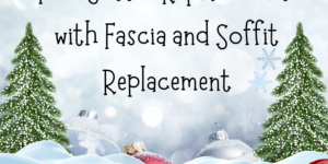 Winter-themed promotional ad for free gutter replacement with Christmas decorations.