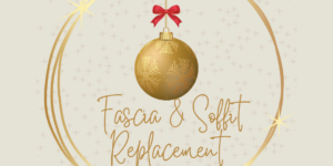 A gold Christmas ornament hangs within a circular golden frame with an offer for fascia and soffit replacement.