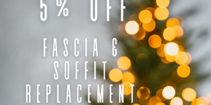 Promotional image with text "5% OFF FASCIA & SOFFIT REPLACEMENT" over blurred lights and a tree.