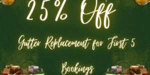 Promotional holiday ad with 25% off gutter replacement and festive decorations.