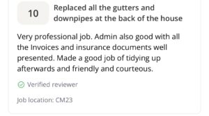 A screenshot of a positive customer review rating the service 10 out of 10 for gutter and downpipe replacement.